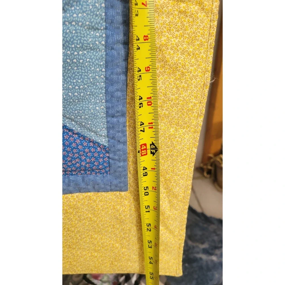 Vintage Baby Crib Quilt 40x56 Yellow Blue Patchwork Tumbling Blocks